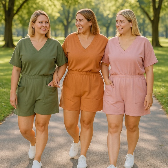 Butter Orange Plus Size Drop Shoulder V-Neck Romper with Pockets - Picture 3 of 3